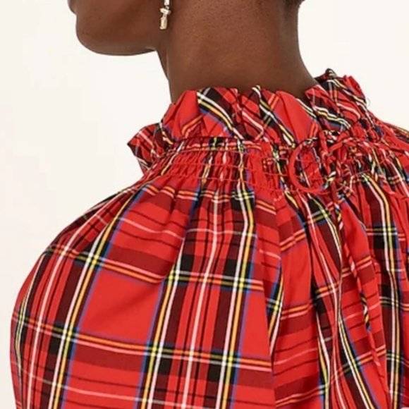 NWT J.Crew Red Tartan Plaid Smocked Neck Top Blouse XXS - Picture 3 of 3